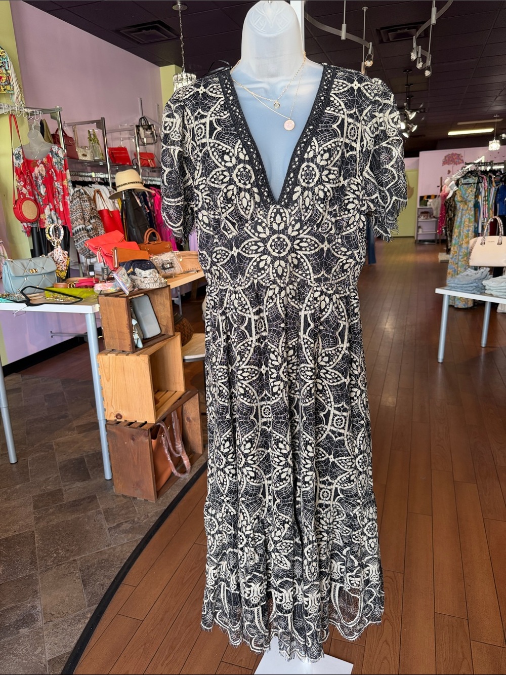 Flying Tomato Black and White Lace Midi Dress